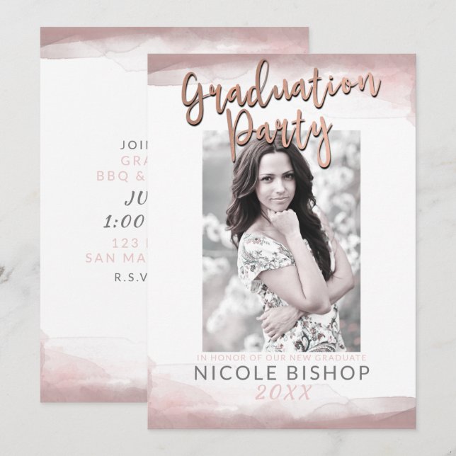 Invitation Blushing rose moderne Chic Blush Graduation Party (Devant / Derrière)