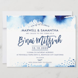 INVITATION B'NAI MITZVAH aquarelle bleue lettrée à