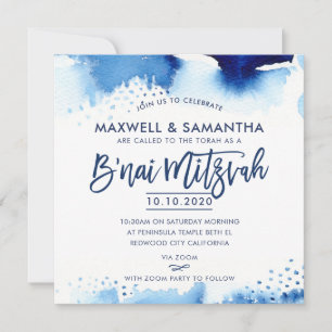 INVITATION B'NAI MITZVAH aquarelle bleue lettrée à