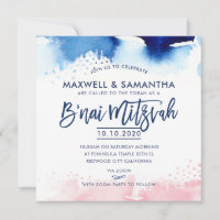 B'NAI MITZVAH lettré à la main bleu & rose aquarel