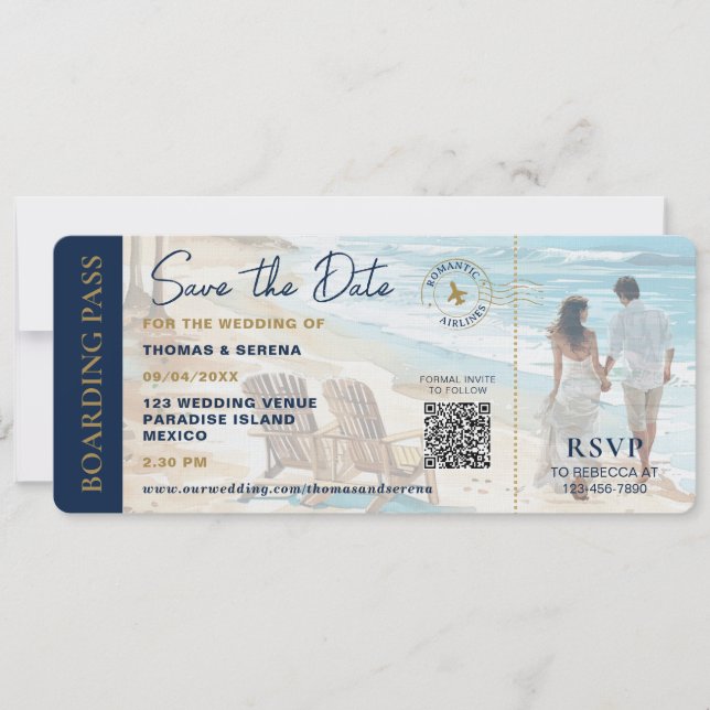 Invitation Boarding Pass Beach Save The Date QR Code Wedding (Devant)