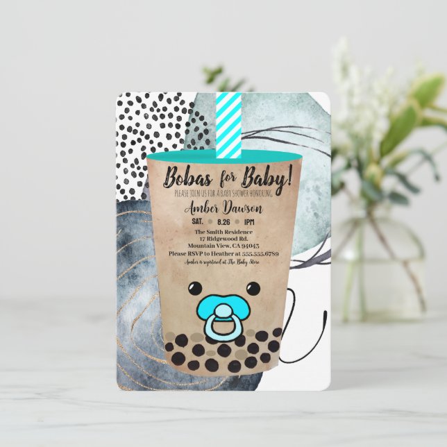 Invitation Boba pour bébé Boba Tea à petit budget inspiré (Debout devant)
