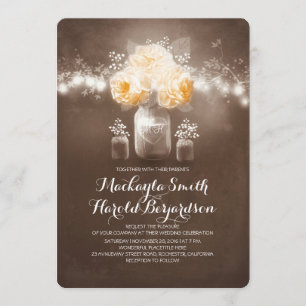 Invitation bocal de mason fleuri lumières à cordes rustiques 