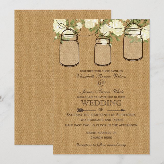 Invitation bocal en ivoire rose burlap mason mariage (Devant / Derrière)