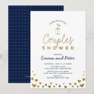 Invitation Bocal Mason, Mariage Couple Or et Marine