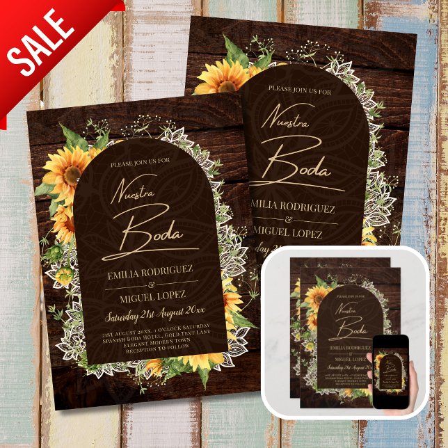 Invitation Boda de Girasoles de Madera Rústica Bilingüe (Créateur téléchargé)