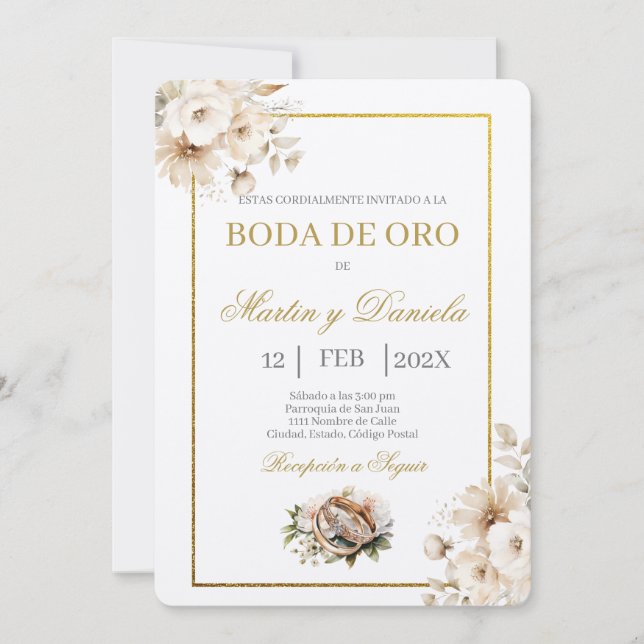Invitation boda de oro con flor blanca (Devant)