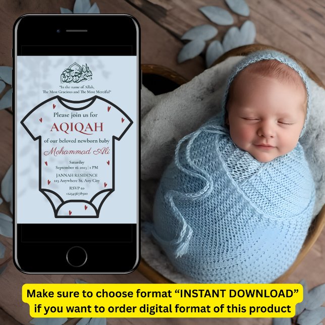 Invitation Body bébé musulman islamique bleu Aqiqah (Créateur téléchargé)