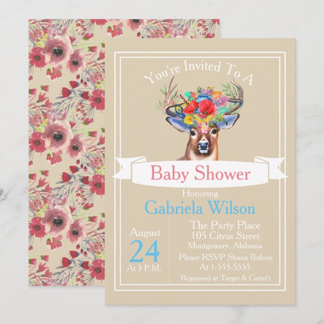 Invitation Bohème Aquarelle Floral Deer Girl Baby shower (Devant / Derrière)