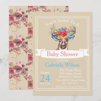 Invitation Bohème Aquarelle Floral Deer Girl Baby shower