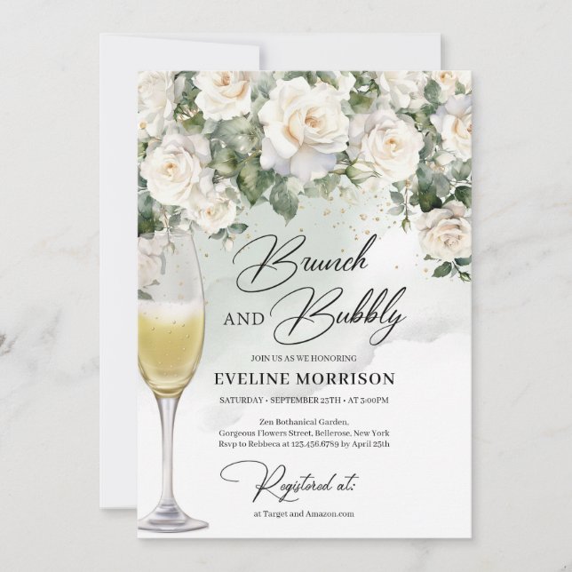 Invitation Bohème blanc roses eucalyptus brunch et mousseux (Devant)