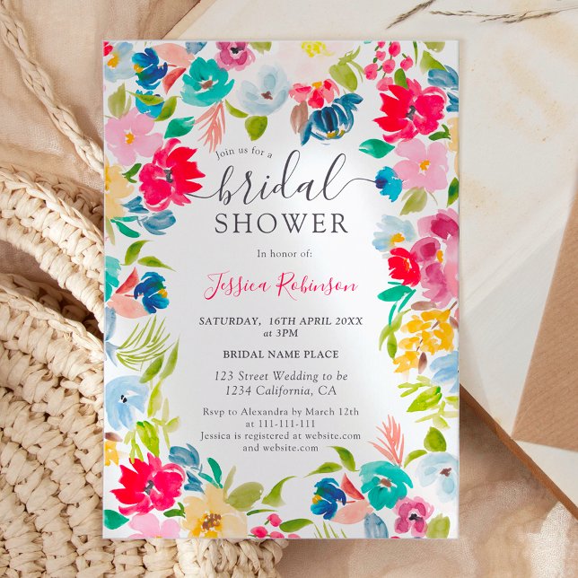 Invitation bohème bleu bleu floral photo nuptiale (bohemian red blue floral photo bridal shower invitation)