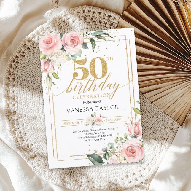 Invitation Bohème bohème rousse rose or floral 50e anniversai (Bohemian boho blush pink floral gold 50th birthday invitation)