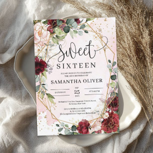 Invitation Bohème bordeaux or floral géométrique doux 16