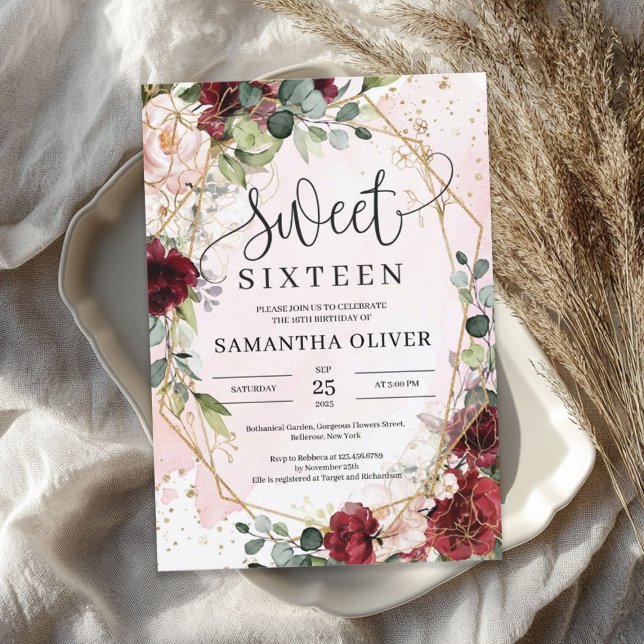 Invitation Bohème bordeaux or floral géométrique doux 16 (Bohemian burgundy floral gold geometric sweet 16 invitation)