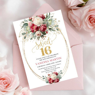 Invitation Bohème Bourguignon Fleurs Roses Gold Sweet Sixteen