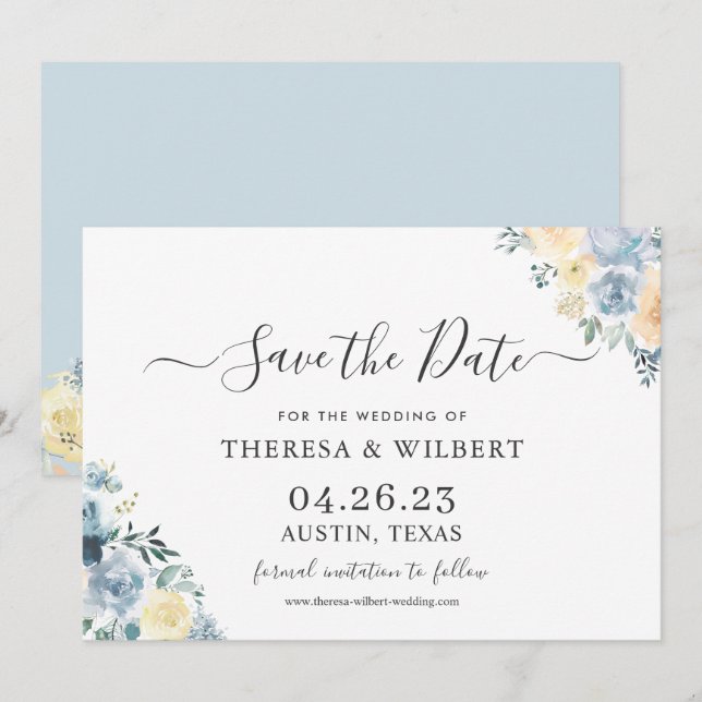 Invitation Bohème Chic Vanilla Blue Wedding Sauvez la date (Devant / Derrière)