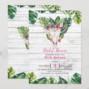 Invitation Bohème Crânes Feuilles Florales Tropicales Bois de