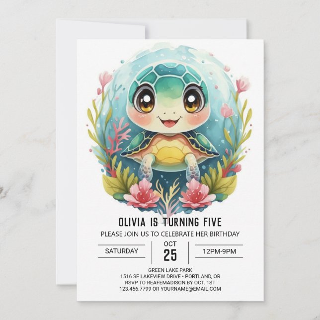 Invitation Bohème Élégante Tortue Fille Anniversaire (Devant)