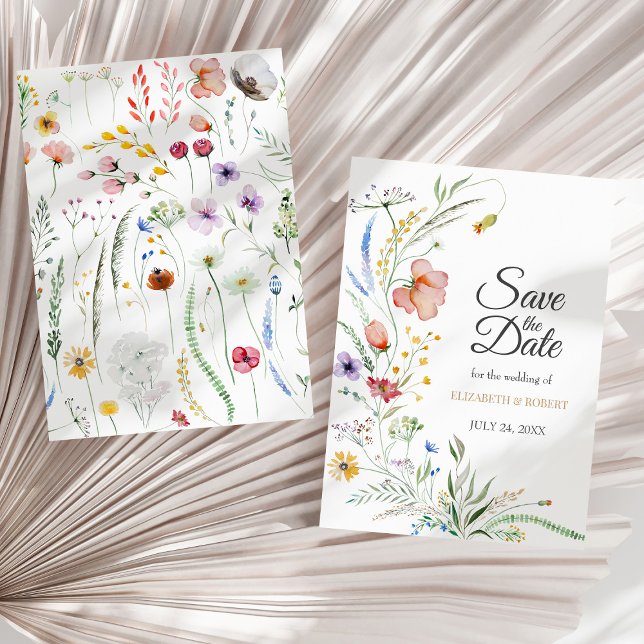 Invitation Bohème Fleurs sauvages D'Aquarelle Enregistrer La  (Bohemian Watercolor Wildflowers Save The Date Card on a sunny neutral dry palm leaf.)