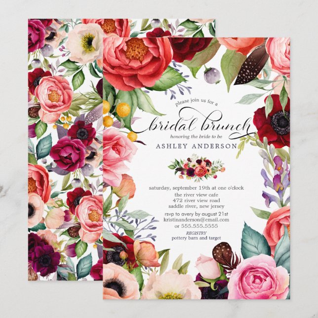 Invitation Bohème Floral Aquarelle Brunch de Mariage (Devant / Derrière)