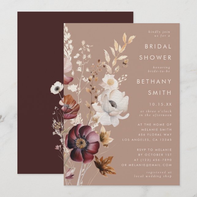 Invitation Bohème Floral Automne Taupe Fête des mariées (Devant / Derrière)