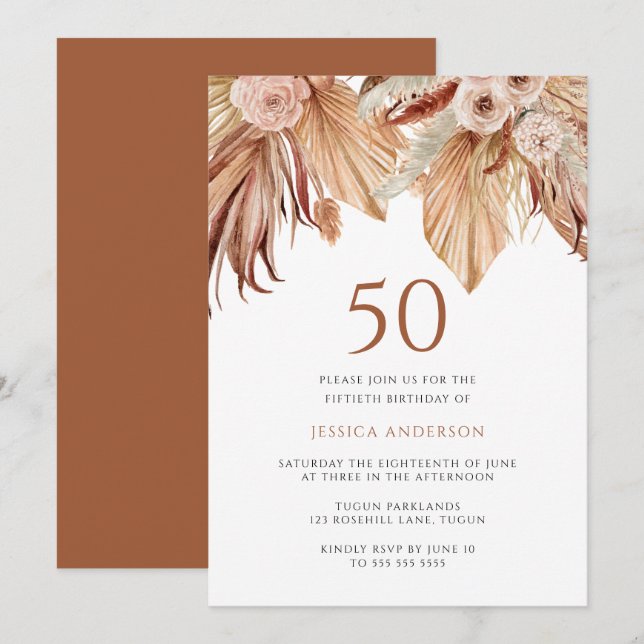 Invitation Bohème Floral Terracotta Boho 50e anniversaire (Devant / Derrière)