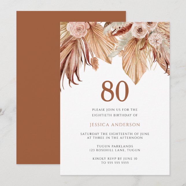 Invitation Bohème Floral Terracotta Boho 80e anniversaire (Devant / Derrière)