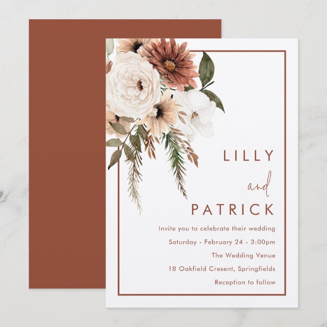 Invitation Bohème Floral Terracotta & Champagne Mariage (Devant / Derrière)