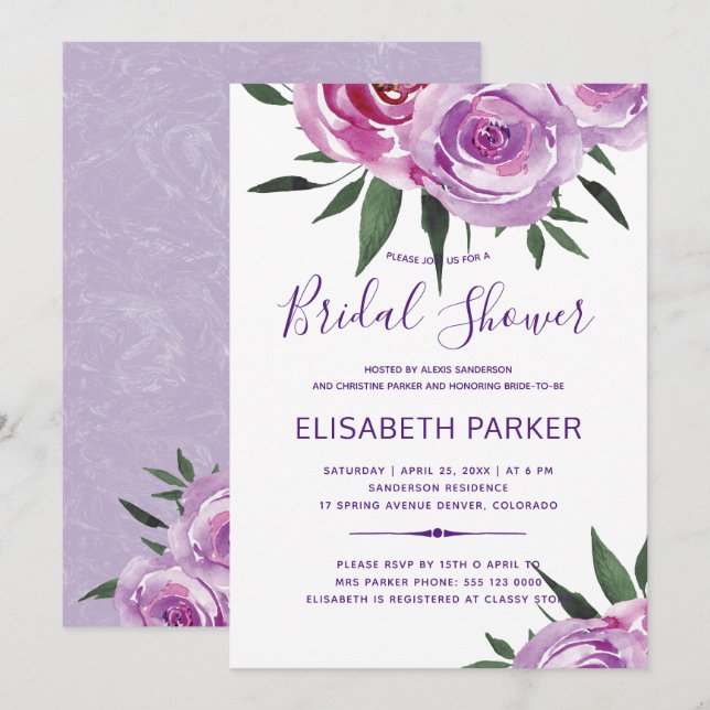 Invitation Bohème mauve chic pivoines douche nuptiale (Devant / Derrière)