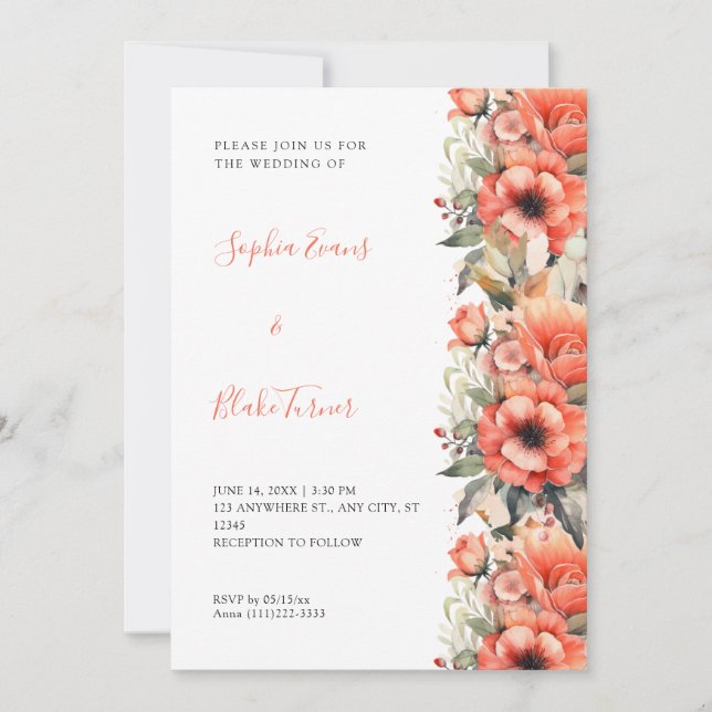 Invitation Bohème Orange Floral Automne Mariage blanc (Devant)