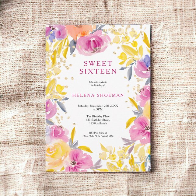 Invitation Bohème parties scintillant or violet photo florale (Bohemian purple gold glitter floral photo Sweet 16 Invitation)