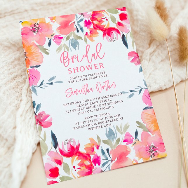 Invitation Bohème rose aquarelle fleurs douche nuptiale (Bohemian pink watercolor flowers bridal shower invitation)