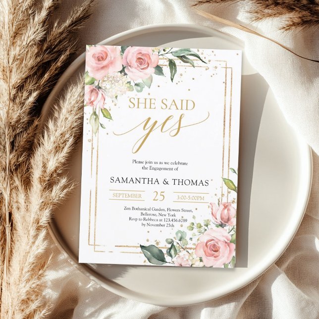 Invitation Bohême rose floral or elle a dit oui (Bohemian blush pink floral gold she said yes invitation)