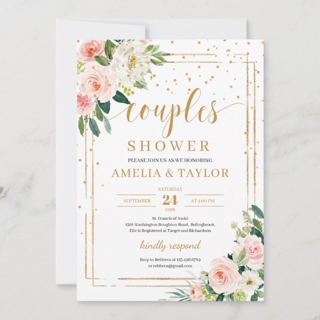 Invitation Bohême rose rose floral or couples douche (Devant)
