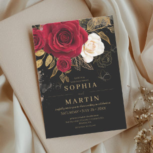 Invitation Bohème Roses rouges or élégant Fleur Mariage