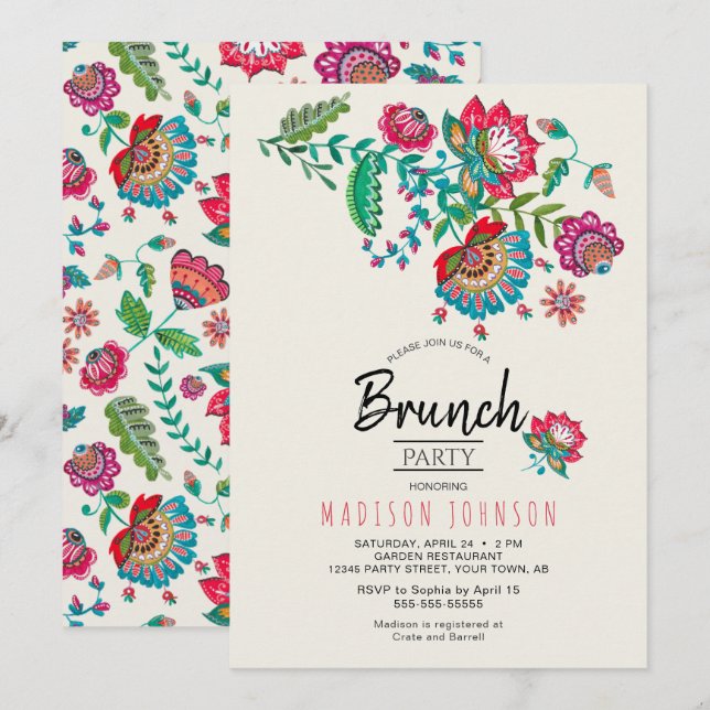 Invitation Bohème Rouge Fleurs folkloriques Brunch Party Invi (Devant / Derrière)