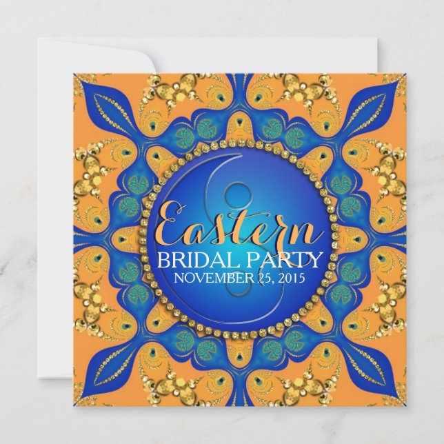 Invitation Bohême Royal Blue Gold Orange Fête des mariées (Devant)