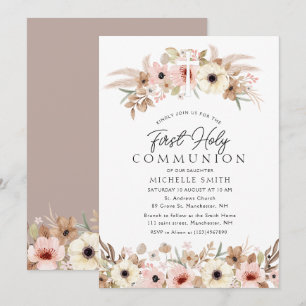 Invitation bohème rustique fleurie moderne première communion