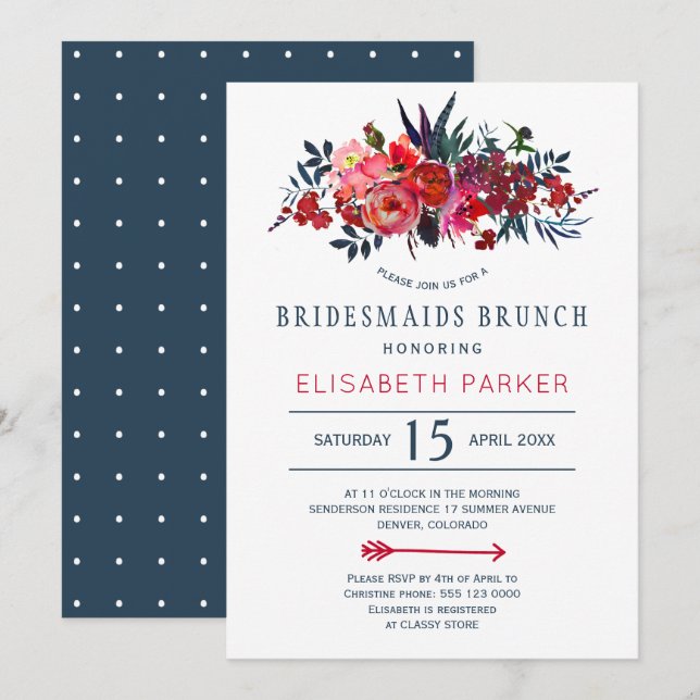 Invitation Bohème rustique rouge marine floral bridesservante (Devant / Derrière)