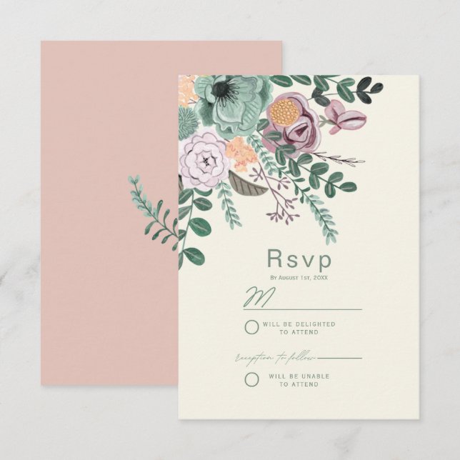 Invitation Bohème Sage vert et rougissant Chic Floral Fleurs (Devant / Derrière)