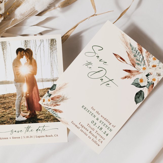 Invitation Bohème Séché Floral Verdure Économisez La Date (Créateur téléchargé)