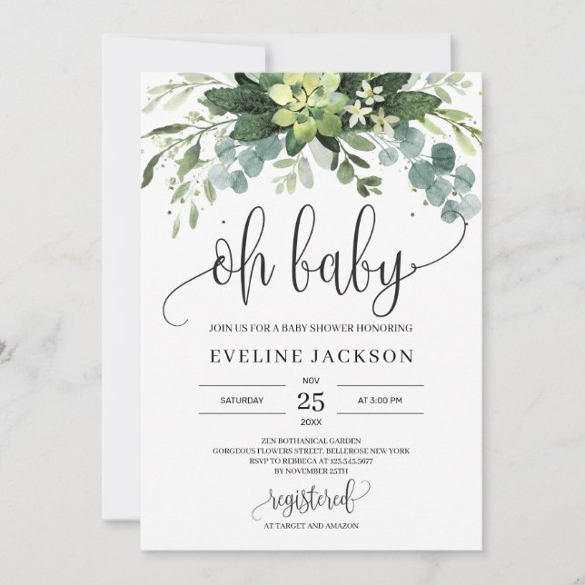 Invitation Bohème succulent feuille floral oh baby shower (Devant)