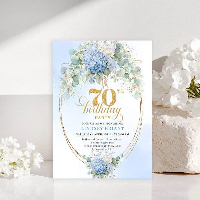 Invitation Bohemian 70th Birthday Blue Hydrangeas Gold Invite (Bohemian 70th Birthday Blue Hydrangeas Gold Invitation)