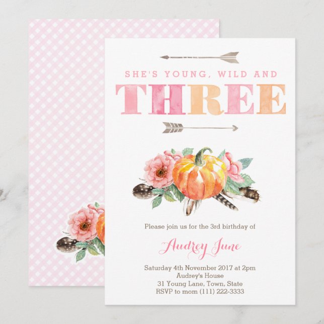 Invitation Bohemian Fall Girl 3ème fête d'anniversaire (Devant / Derrière)