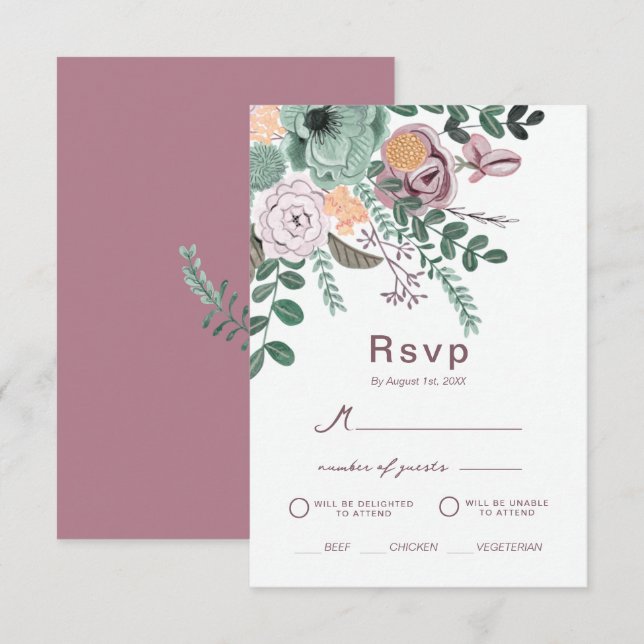 Invitation Bohemian Green & Mauve Chic Floral Flowers réponse (Devant / Derrière)