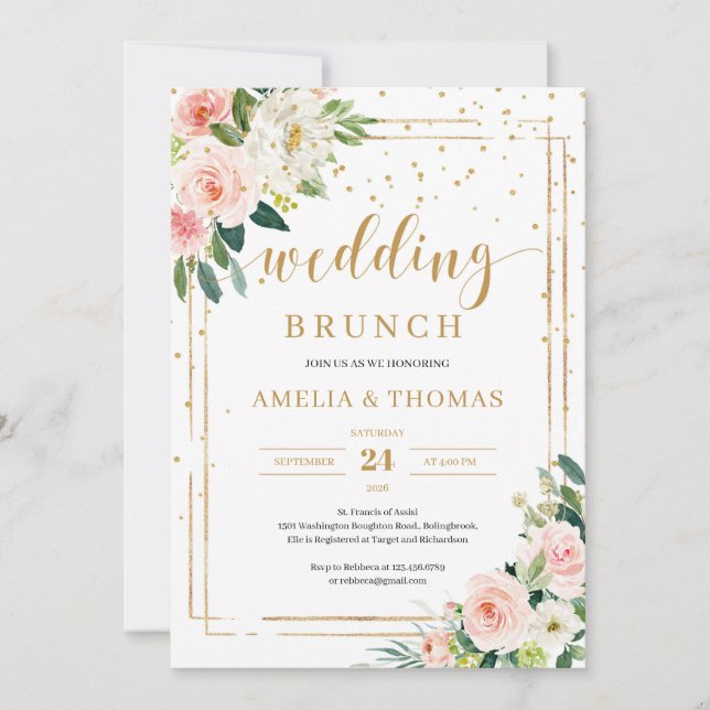 Invitation Bohemian rose rose rose floral or mariage brunch (Devant)