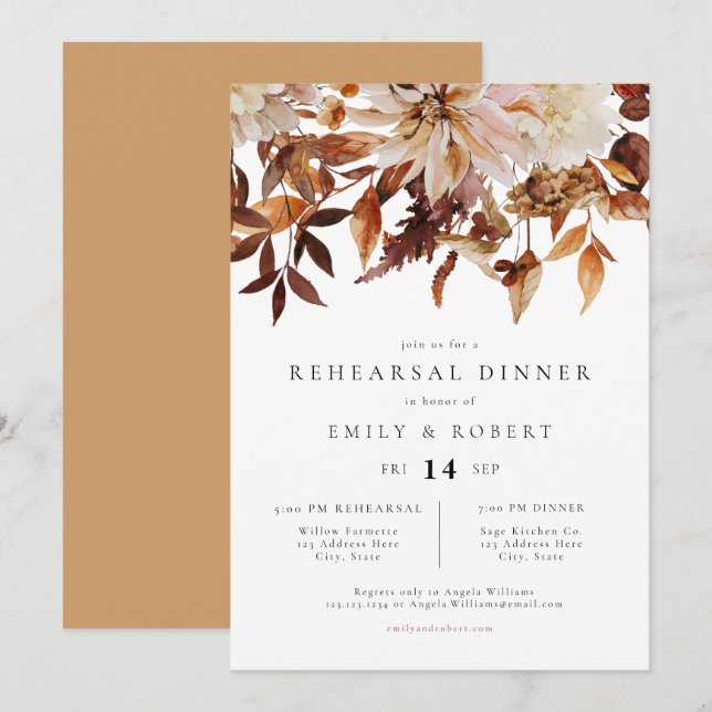 Invitation Bohémien Burnt Orange Automne Floral Dîner de répé (Devant / Derrière)