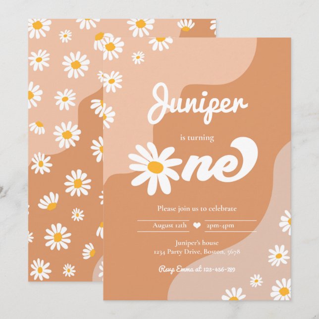 Invitation Boho 1er anniversaire Daisy Floral Super 70's Part (Devant / Derrière)