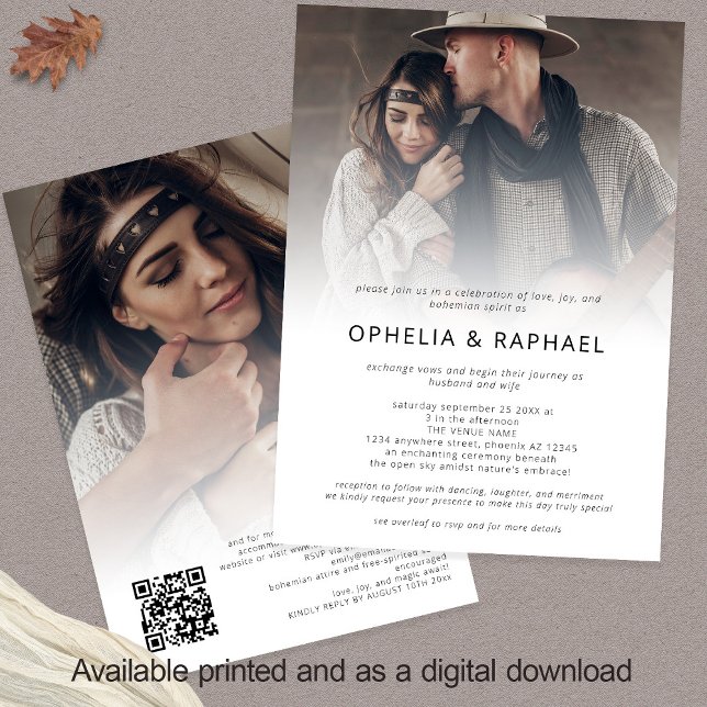 Invitation Boho 2 Photos superposer QR Code Mariage de Bohême (Front and back view)